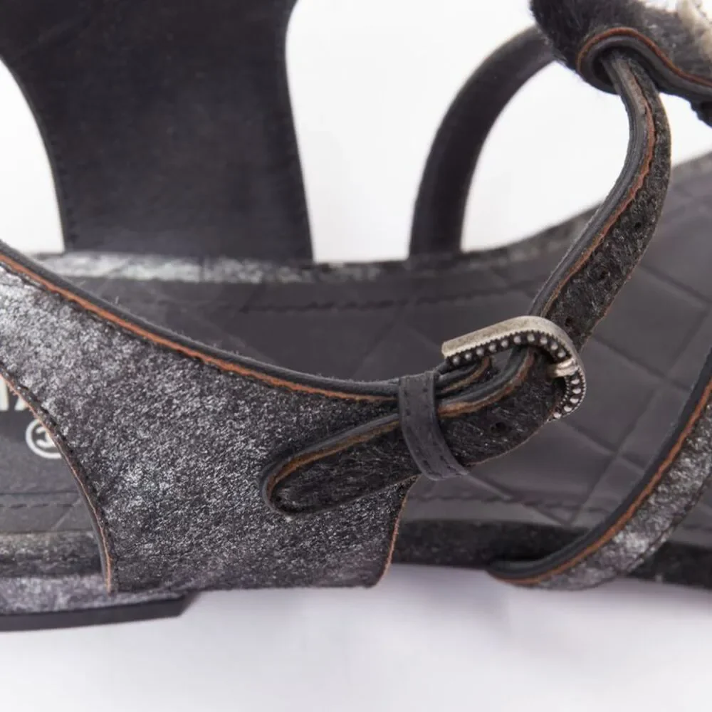 Chanel Black Leather Metallic Trim T-Strap Flat Sandals